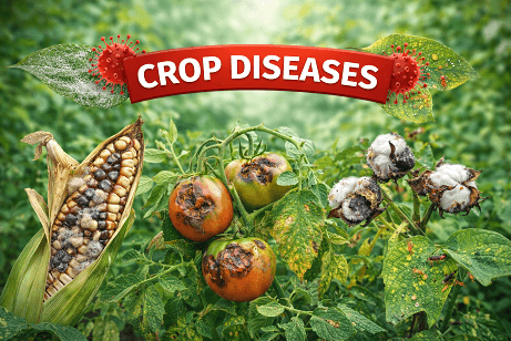 फसलों में बीमारियों के कारण फंगस, बैक्टीरिया, वायरस, नेमाटोड और अजैविक कारक